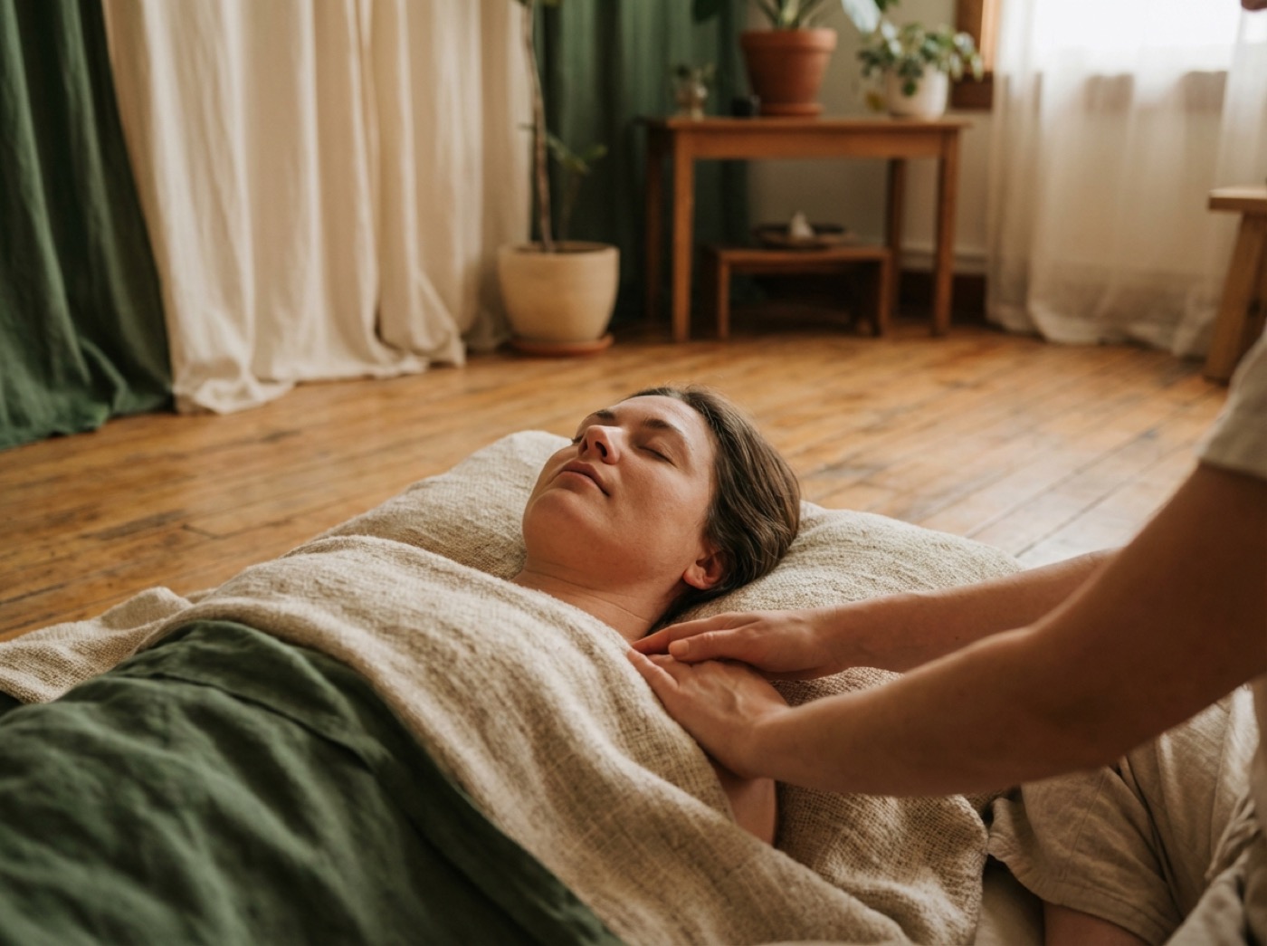 Person liegt entspannt und empfängt somatische Körperarbeit