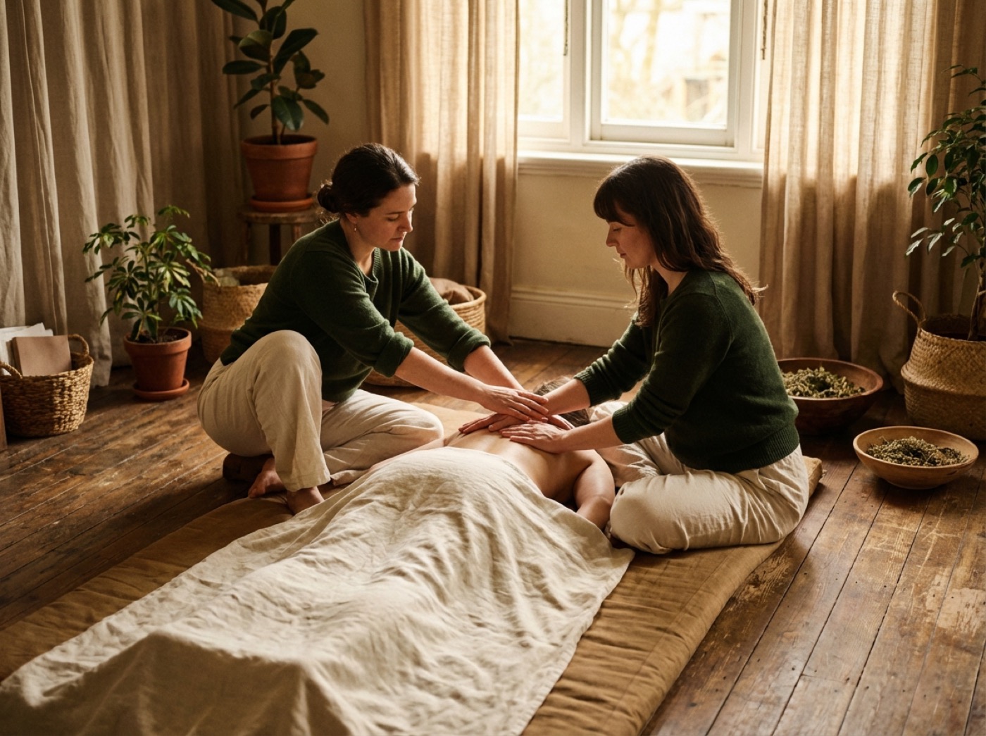 Zwei Praktizierende in einer Lern-Session — Hände auf Fasziengewebe