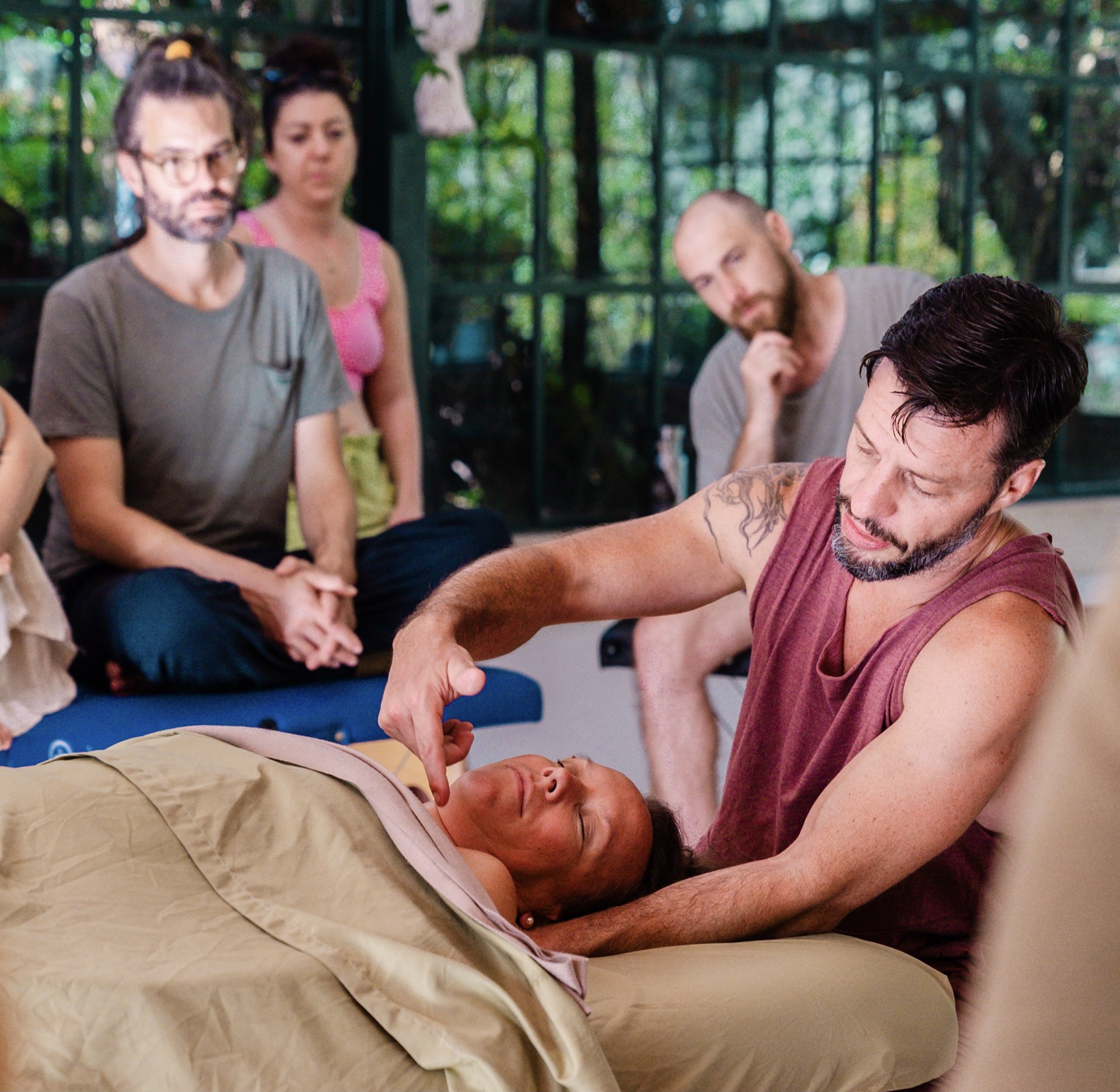 Level 1 bodywork training participants practicing deep touch