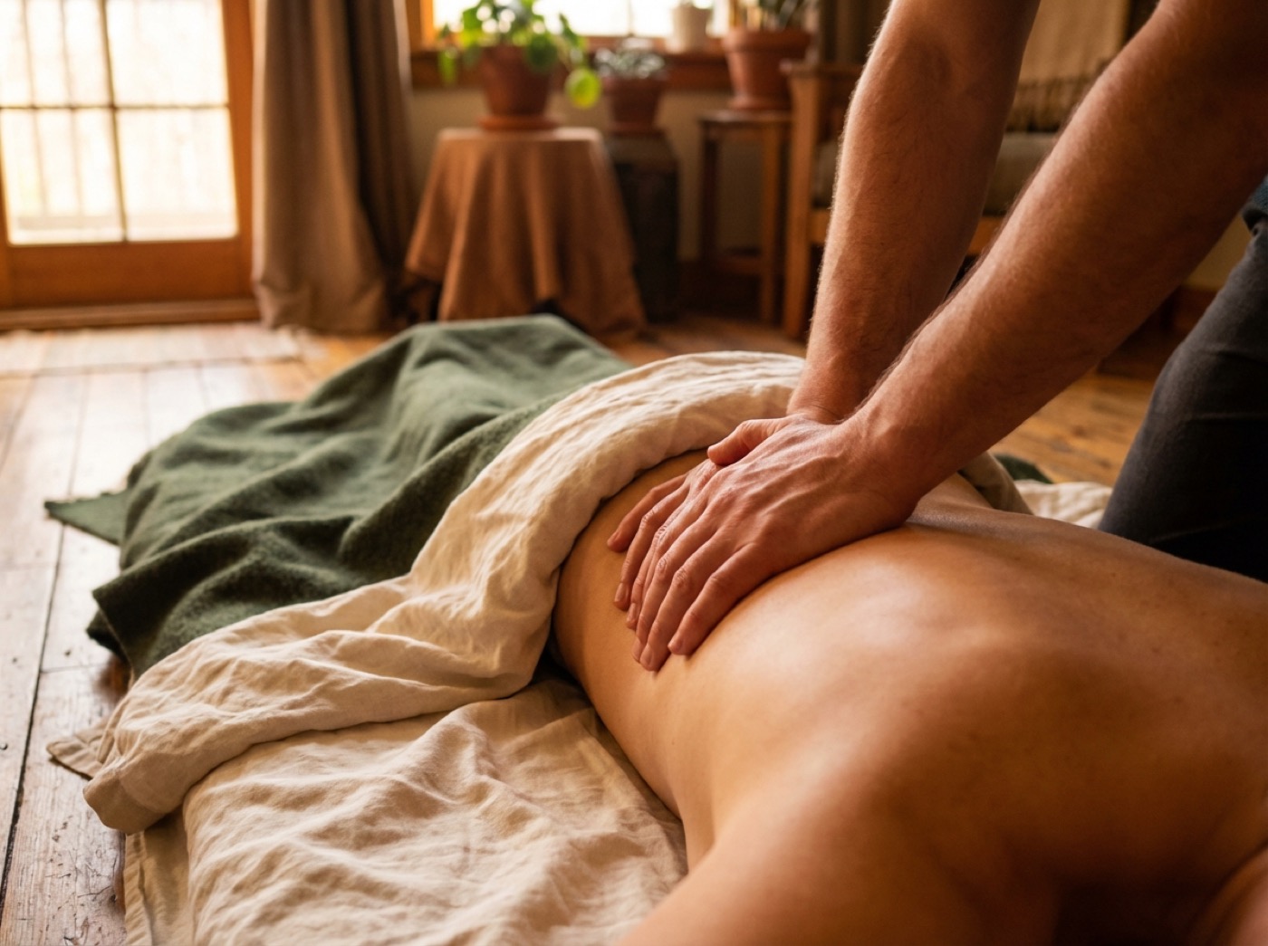 Hände bei der Faszienarbeit entlang der Wirbelsäule