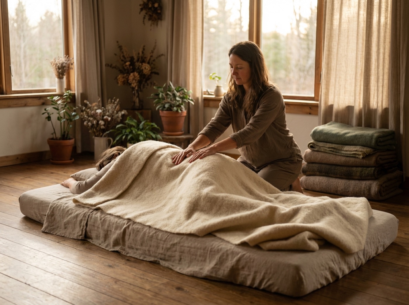 Sanfte Hände im Bereich Bauch und Becken